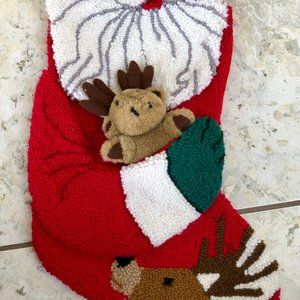 Vintage 3D Santa Reindeer SUPER Plush Quilted Christmas Stocking 20" New NWT
